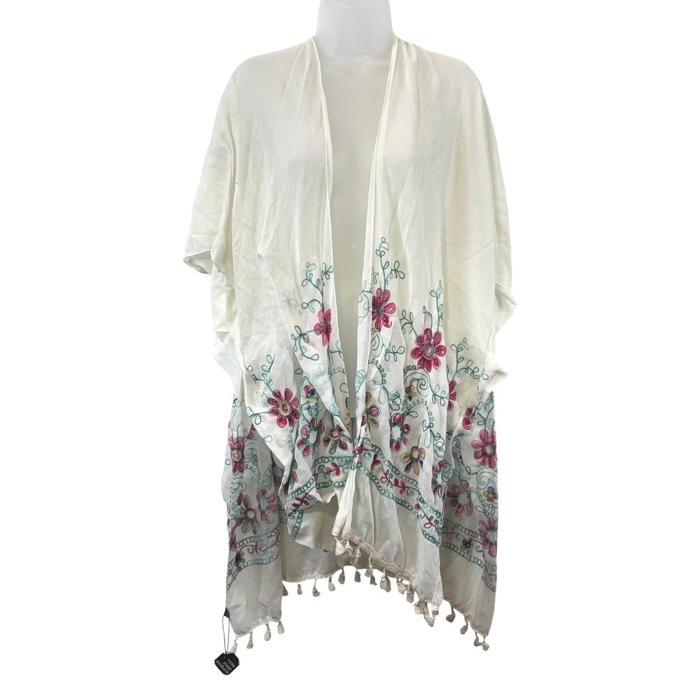 Kimono Main Street Floral Embroidered Wrap Cream Tassel Trim One Size OS Boho